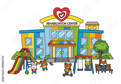 Colorful cartoon rehabilitation center with playful animals and playground equipment