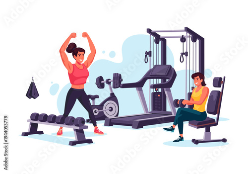 Two women exercising in a modern gym with various fitness equipment