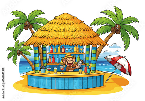 Cartoon monkey bartender making cocktails at a tropical beach bar with palm trees