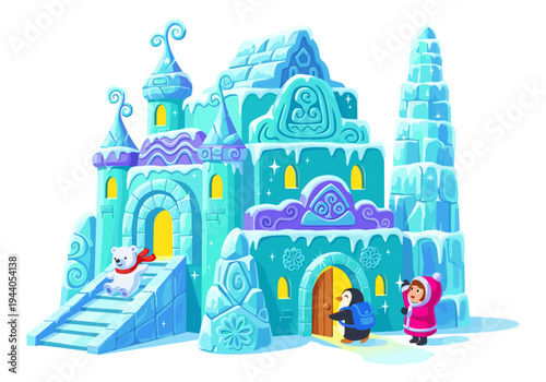 Whimsical ice castle with polar bear, penguin, and child enjoying winter fun