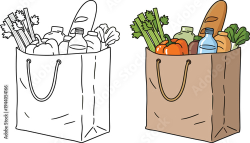 Reusable grocery shopping bag with vegetables bread and bottles vector illustration eco friendly market food concept