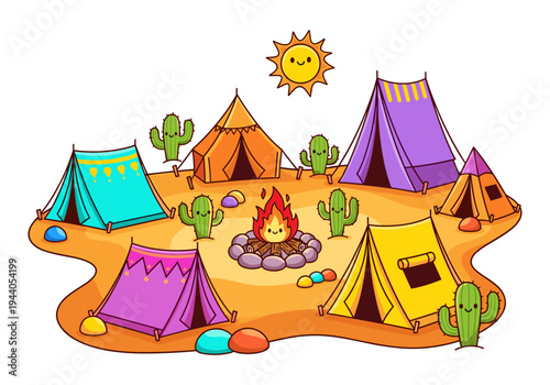 Cute cartoon desert campsite with tents, campfire, cacti, and sun illustration