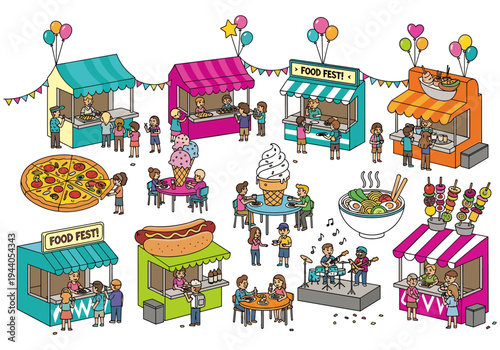 Vibrant food festival scene with diverse food stalls, people enjoying meals, and live music