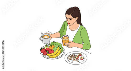 Woman enjoying a healthy meal with fresh fruits and vegetables.