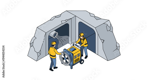 Workers using a large industrial fan for ventilation in a confined space.
