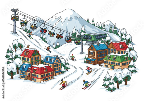 Cartoon ski resort village with chairlift, skiers, and snow-covered houses on a mountain