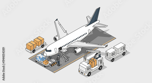 Isometric Airport Scene with Cargo Plane and Ground Support Vehicles.