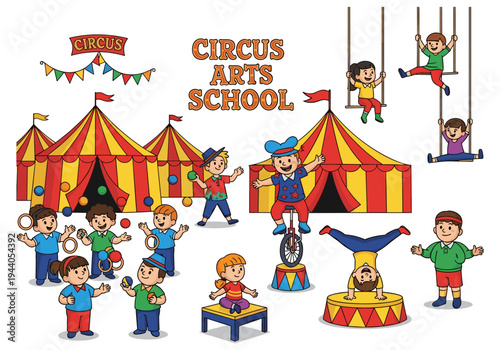 Children learning circus arts and performing under a big top tent at a circus school