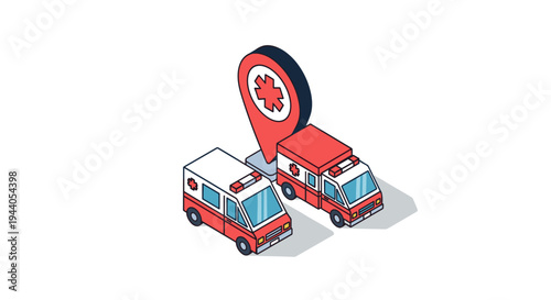 Isometric Ambulances with Medical Location Pin.