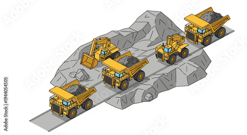 Isometric illustration of a mining operation with heavy machinery excavating and transporting materials on a rocky terrain.