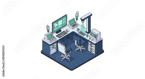 Isometric illustration of a modern home office setup with multiple monitors and ergonomic chairs.