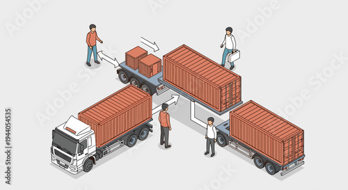Isometric illustration of a logistics hub with trucks and workers handling cargo containers.
