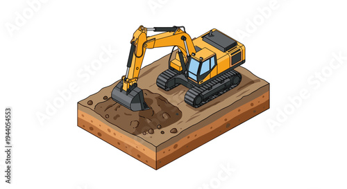 Isometric illustration of a yellow excavator digging a hole in the ground.