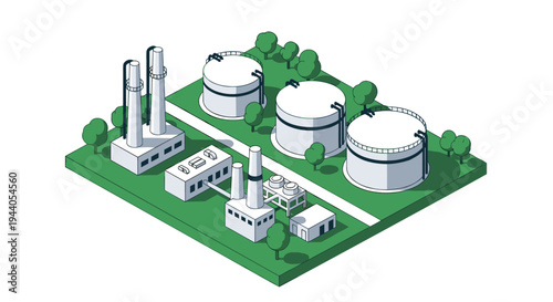 Isometric illustration of an industrial oil refinery or chemical plant with storage tanks and processing units.