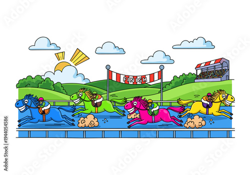 Cartoon horse race with colorful horses and jockeys nearing the finish line