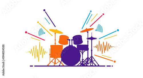 Drum set with colorful musical notes.