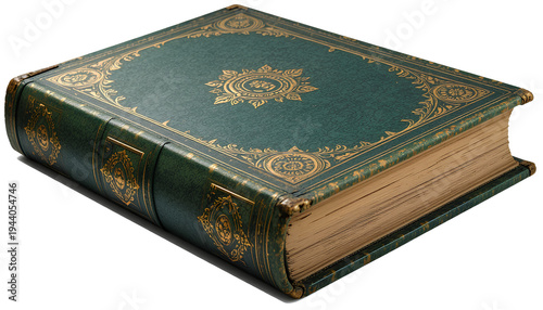 antique book with a decorated green cover and golden title on the spine edge