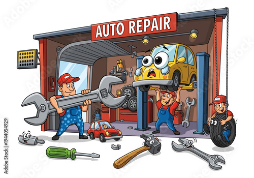 Cartoon auto repair shop with mechanics working on a yellow car and tools