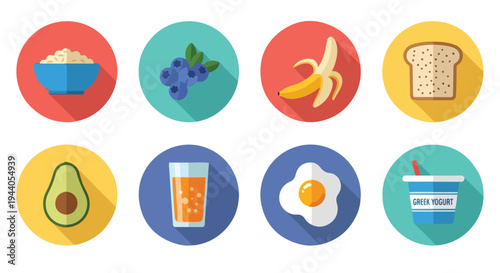 Set of 8 Healthy Breakfast Food and Drink Icons Vector