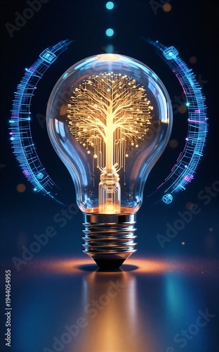 Glowing light bulb with circuit tree futuristic tech rings digital