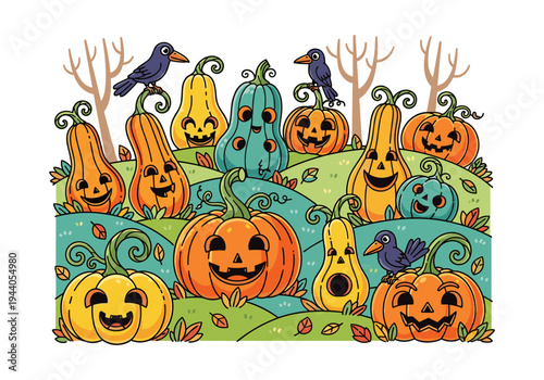 Whimsical Halloween scene with smiling jack-o'-lanterns and crows in a colorful autumn landscape