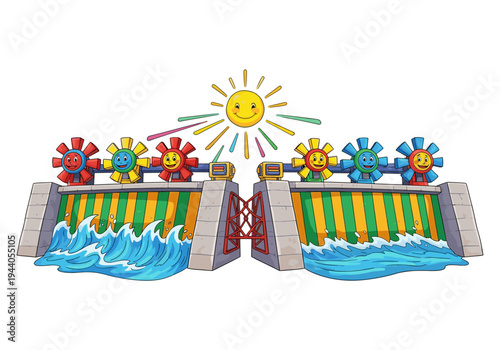 Cartoon hydroelectric dam with smiling turbines and a cheerful sun, generating clean energy