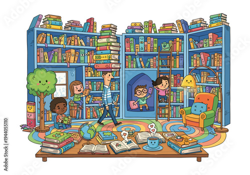 Children and adult enjoying a cozy library filled with books and a cute smiling tree