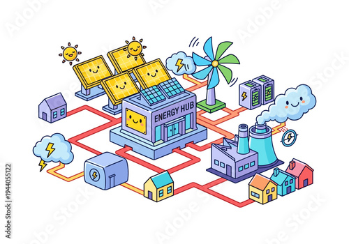 Cute cartoon energy hub connecting solar, wind, and battery power to homes