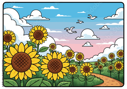 Vibrant cartoon sunflower field under a pastel sky with birds and fluffy clouds