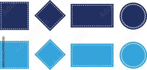 Stitched label frames vector set, square diamond rectangle and circular badge shapes with dashed sewing border design templates