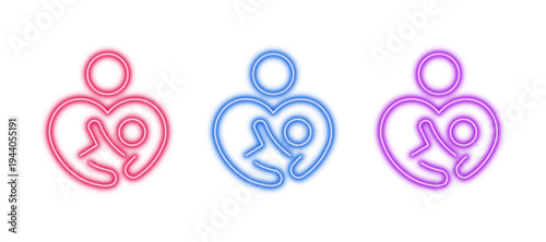 Neon glowing breastfeeding mother and baby vector icons set, motherhood, nursing, infant care, maternal love, health support, bright colorful digital design illustration.