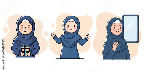 Muslim Woman Celebrating Happiness and Receiving Gifts with Joyful Expressions