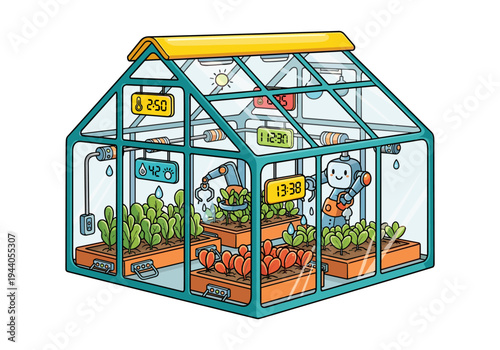 Cute robot tending to plants in a futuristic smart greenhouse with digital displays