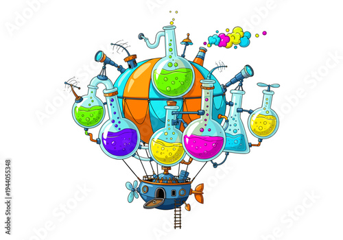 Whimsical science experiment hot air balloon with colorful liquids and telescopes