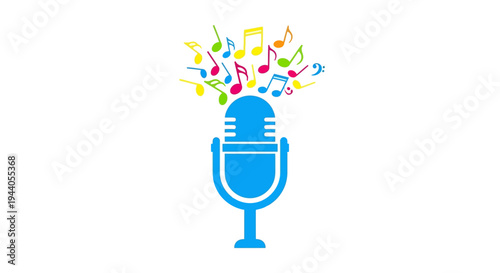 Blue Microphone with Colorful Music Notes.