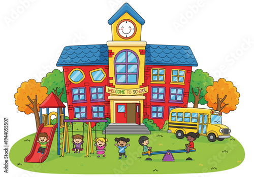 Happy cartoon children playing on playground and school bus outside colorful elementary school building