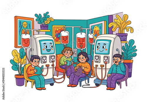 Cartoon illustration of people undergoing dialysis treatment in a cheerful clinic setting