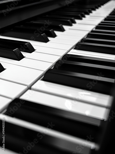 octet. Close-up of piano keys in black and white pattern, elegant musical instrument detail. lifestyle magazines, social media lookbooks, designed for influencer and brand collaborations.