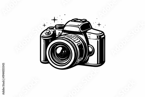 Illustration of a vintage camera, featuring a retro aesthetic with a prominent lens and body, suitable for photography and creative projects