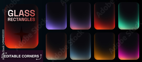 Set of glass rectangles, modern unique glass gradients in different colors, adjustable corner roundness, no raster effects