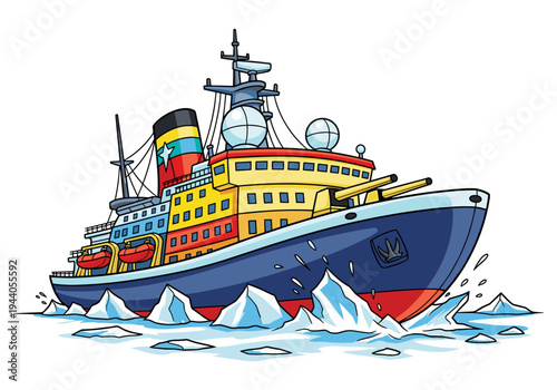 Cartoon icebreaker ship navigating through frozen arctic waters with colorful details