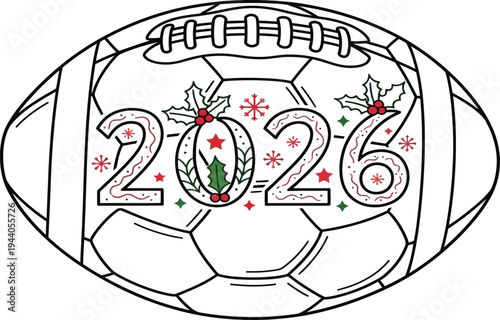 Colorful Christmas themed football design with 2026 elements