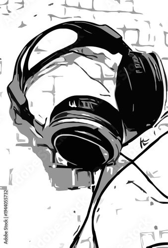 Black and white graffiti style DJ wearing headphones, street art stencil portrait with thick ink outlines, urban music illustration on textured wall background