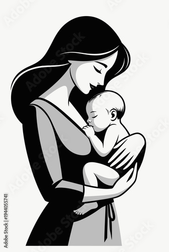 Illustration of a mother tenderly holding her sleeping baby, depicting a heartwarming scene of maternal love and care