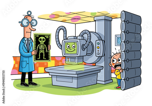 Cartoon doctor shows X-ray to scared boy next to friendly radiology machine