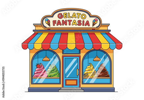 Colorful cartoon gelato shop with striped awning and ice cream cones in the window