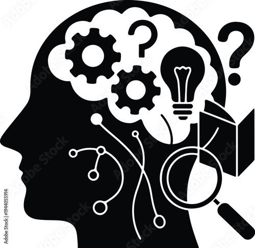 silhouette of human head with internal brain gears network nodes and external lightbulb and book icons for data processing and artificial intelligence concept