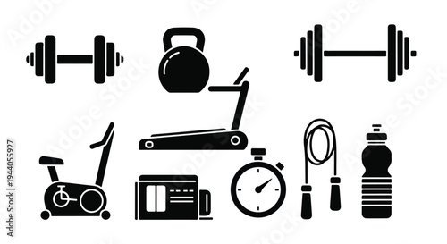 Set of 8 Black Gym and Fitness Equipment Icons Vector