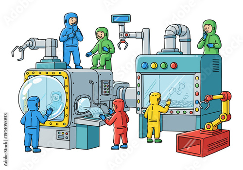 Scientists in hazmat suits working with advanced laboratory equipment and robotic arms