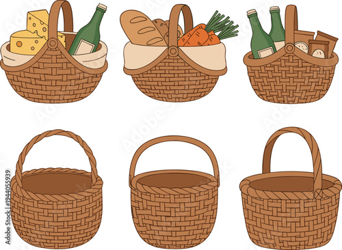 Wicker picnic basket set with food items vector illustration, cheese bread vegetables and wine in woven baskets collection